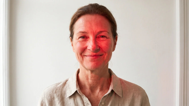 Portrait sous une lumière rouge de photobiomodulation, illustrant les bienfaits documentés pour la peau