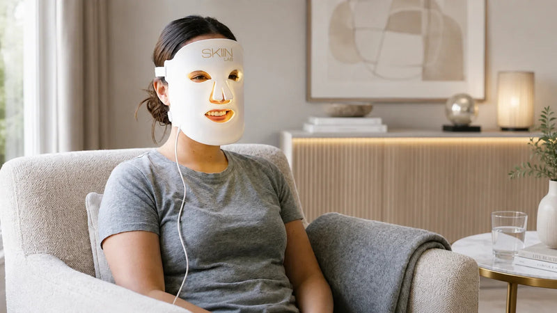 Femme utilisant le masque LED SkiinLAB Lumina 630 à la maison, dans un salon
