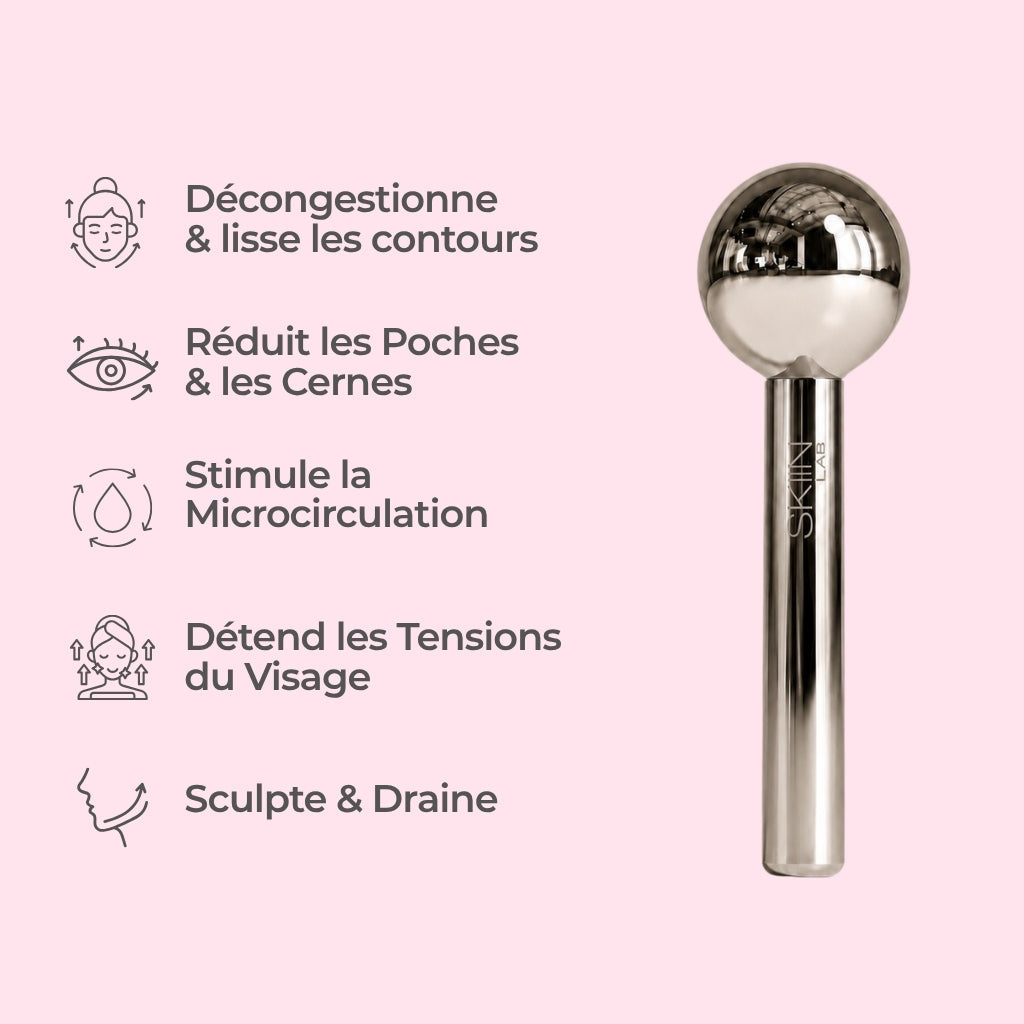 Cryo Ice Glow SkiinLAB présenté à la verticale à côté de cinq mentions à icônes : décongestionne et lisse les contours, réduit les poches et les cernes, stimule la microcirculation, détend les tensions du visage, sculpte et draine