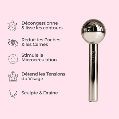 Cryo Ice Glow SkiinLAB présenté à la verticale à côté de cinq mentions à icônes : décongestionne et lisse les contours, réduit les poches et les cernes, stimule la microcirculation, détend les tensions du visage, sculpte et draine