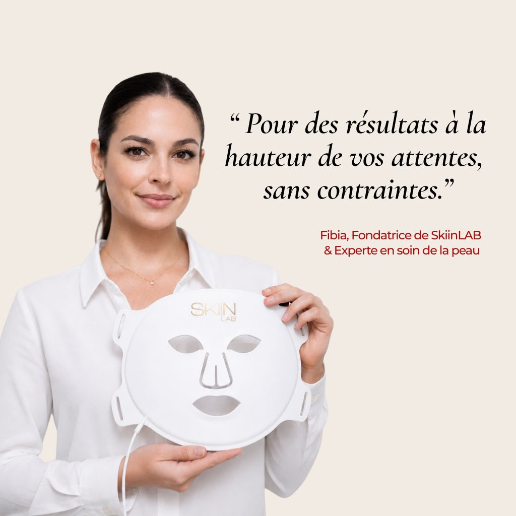 Fibia, fondatrice et experte en soin de la peau de SkiinLAB, présentant le masque LED visage Lumina 630