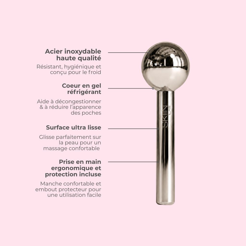 Cryo Ice Glow SkiinLAB annoté de quatre caractéristiques : acier inoxydable haute qualité résistant et hygiénique, cœur en gel réfrigérant, surface ultra lisse, prise en main ergonomique avec manchon de protection inclus