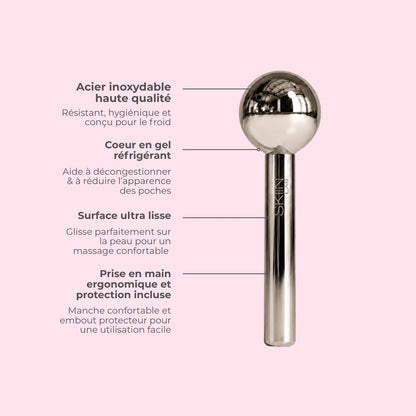 Cryo Ice Glow SkiinLAB annoté de quatre caractéristiques : acier inoxydable haute qualité résistant et hygiénique, cœur en gel réfrigérant, surface ultra lisse, prise en main ergonomique avec manchon de protection inclus