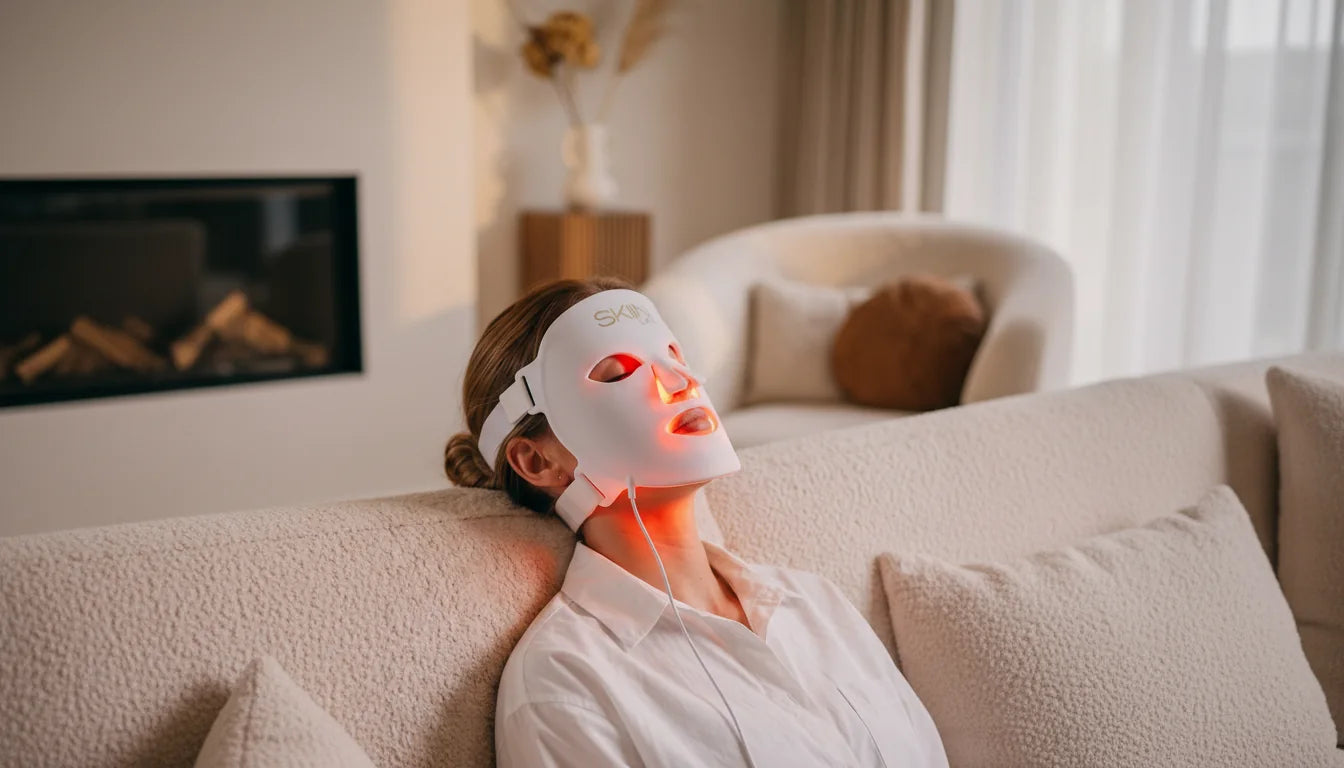 Femme allongée sur un canapé, masque LED visage allumé en lumière rouge, dans un intérieur clair