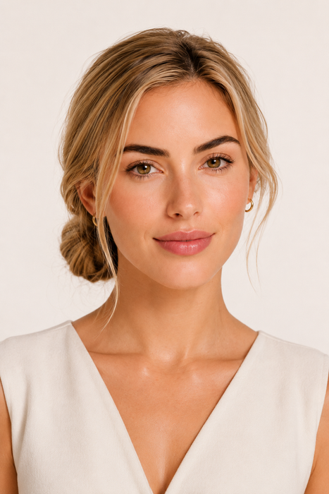 Portrait d'une femme blonde au chignon bas, mèches libres devant le visage, peau nue et lumineuse, haut blanc à col V, fond beige clair